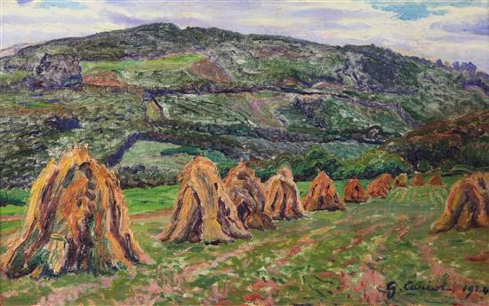 Gustave Camille Gaston Cariot (1872-1950) Haystacks at Moisson, 9.25 x 14.25in.